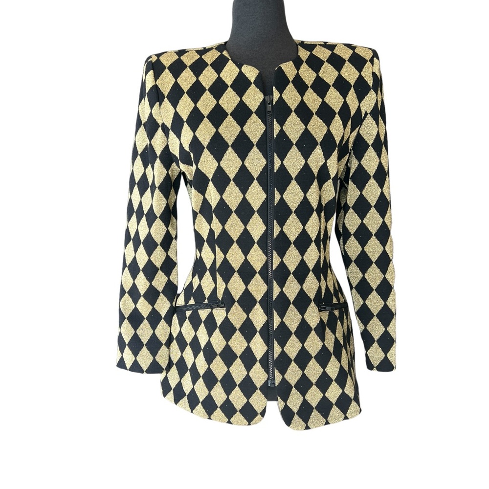 C.A.G.E VINTAGE GOLD/ BLACK DIAMOND ZIP FRONT BLAZER SIZE MEDIUM